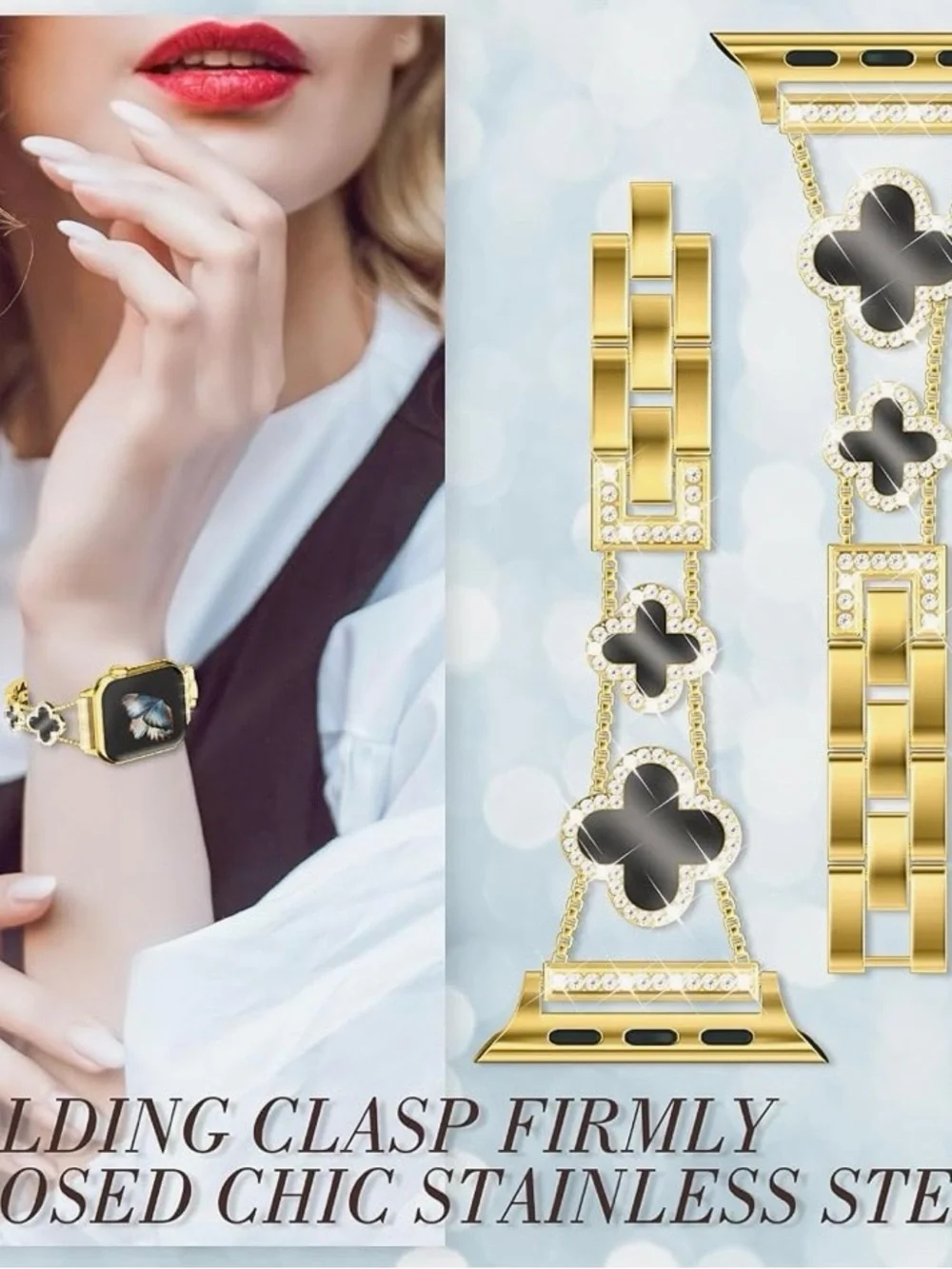 Gold Crystal Clover Bracelet Band for Smartwatch - Black Inlay